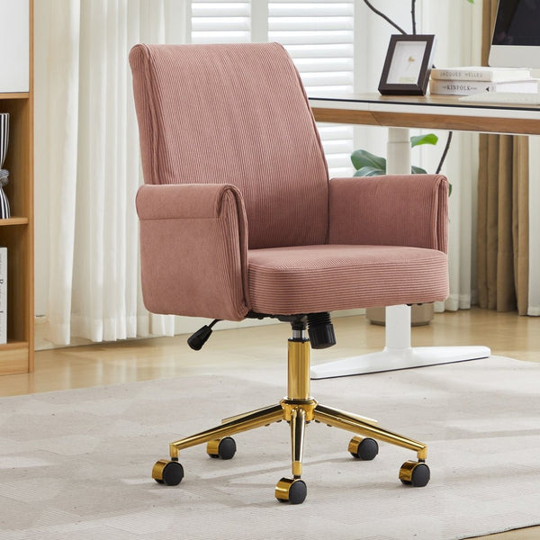 English Elm Mid-back Striped Fabric Office Chair with Gold Base Ergonomic Memory Foam Lumbar Light Pink W2311P420439