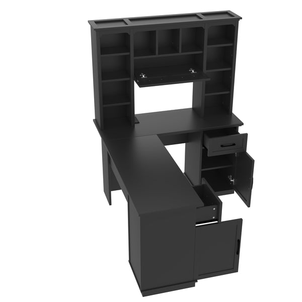 English Elm L-shaped computer desk with ample storage 11 shelves, 3 cabinets, 2 drawers, flip-up shelf for workspaces Black W1580S00189