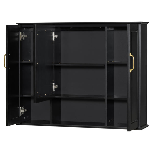 English Elm 36'' Mirror Cabinet with 3 Doors — Wall-Mounted Bathroom Storage Unit, MDF & Pine, Spacious Shelves Black N725P346902B