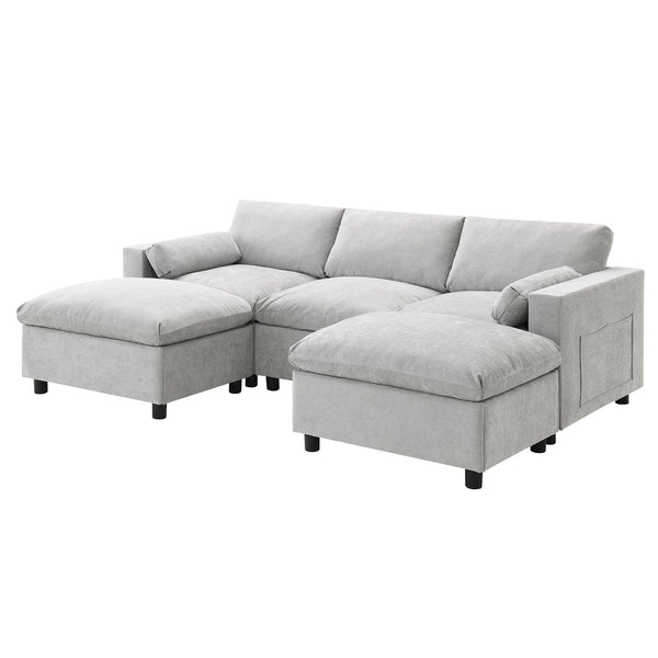 English Elm 86.5'' Chenille Modular Sectional Sofa with Storage Pockets, 5-Seat U-Shaped Cloud Sofa with Ottomans & Pillows Medium grey N723S8723C