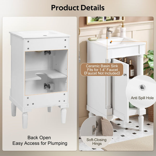 English Elm 18" French Style Vanity with Ceramic Sink Soft Close Door and Adjustable Shelf White N710P415332K