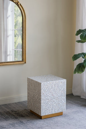 English Elm 14x14x18" Capiz Stool with Ogee Pattern and Brass Base — Modern Geometric Accent Seat for Living Spaces Cream White,Gold W2078P326594