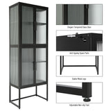 English Elm Stylish 4-Door Tempered Glass Cabinet With 4 Glass Doors Adjustable Shelves U-Shaped Leg Anti-Tip Dust-Free Fluted Glass Kitchen Credenza Black