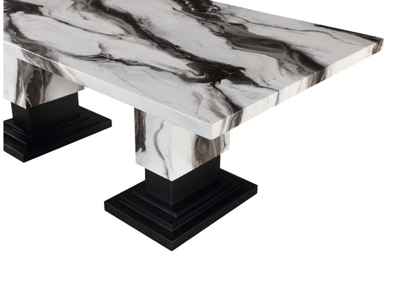 English Elm STACEY Zebra Faux Marble Dining Table in White/Black – Solid Wood/MDF Pedestal Base, Accent Legs B201S00096