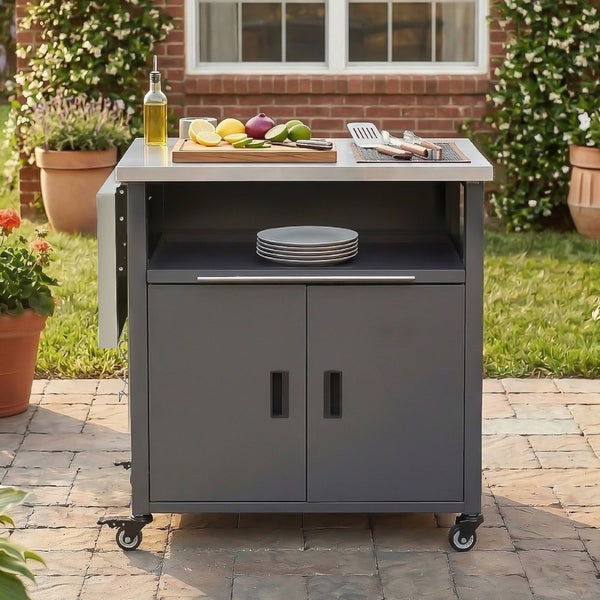 English Elm Outdoor Bbq Prep Cart Rolling Stainless Steel Grill Station with Foldable Work Surface Gray N719P407404E