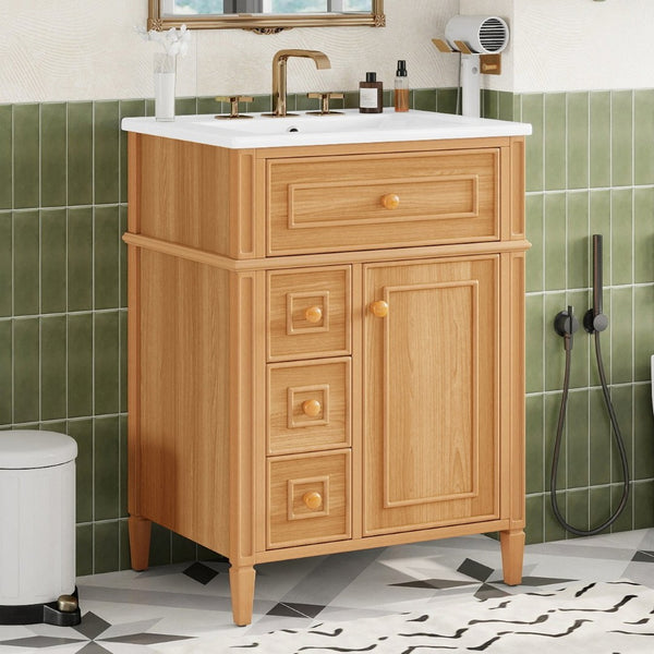 English Elm 24" Solid Pine Bathroom Vanity Cabinet with Ceramic Sink Soft Close Drawers N725P375500N