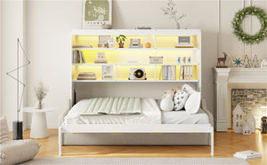 English Elm Full Size Murphy Cabinet Bed With Sofa, Built-In Storage & Led Lights - Stylish Space Saver In Beige N7090000602A