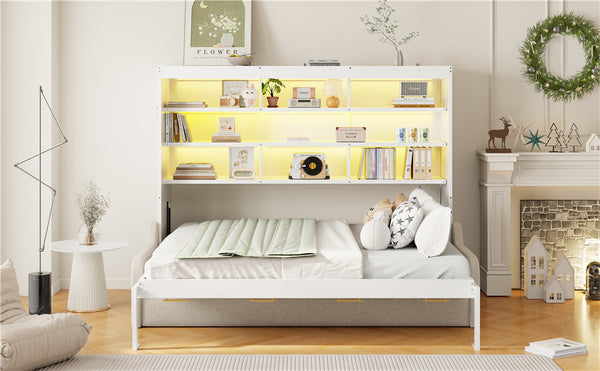 English Elm Full Size Murphy Cabinet Bed With Sofa, Built-In Storage & Led Lights - Stylish Space Saver In Beige N7090000602A