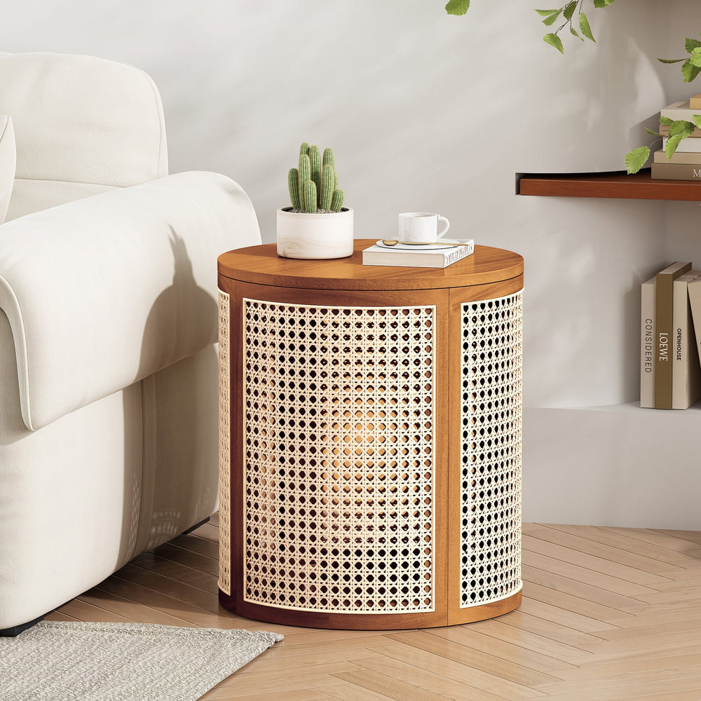 English Elm Christopher Knight Home® - 15.70" Round End Table with Imitation Rattan Weave, Compact Rubber Wood Nightstand for Cozy Spaces Ochre N770P281695O
