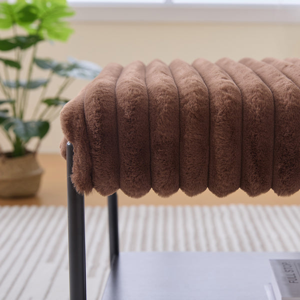 English Elm 30.7"Wide Plush Upholstered Ottoman Coffee Table with Open Wooden Shelf, Faux Fur Seat & Metal Legs Brown W3098P296969