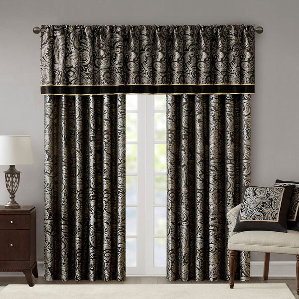 English Elm Jacquard Madison Park Aubrey Window Curtain Pair with Paisley Weave, Faux Silk Piping, OEKO-TEX Certified Black 3.05 L x 10.24 W x 10.24 H B03598268