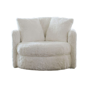 English Elm 1pc Plush Swivel Round Accent Chair in White Faux Fur with Oversized Pillows, Curved Track Arms, Cozy Lounge Comfort B2741P378642