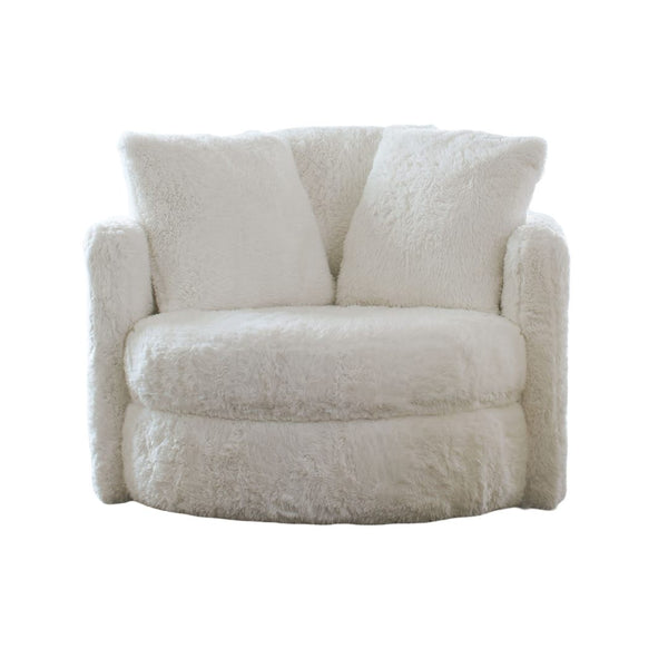English Elm 1pc Plush Swivel Round Accent Chair in White Faux Fur with Oversized Pillows, Curved Track Arms, Cozy Lounge Comfort B2741P378642