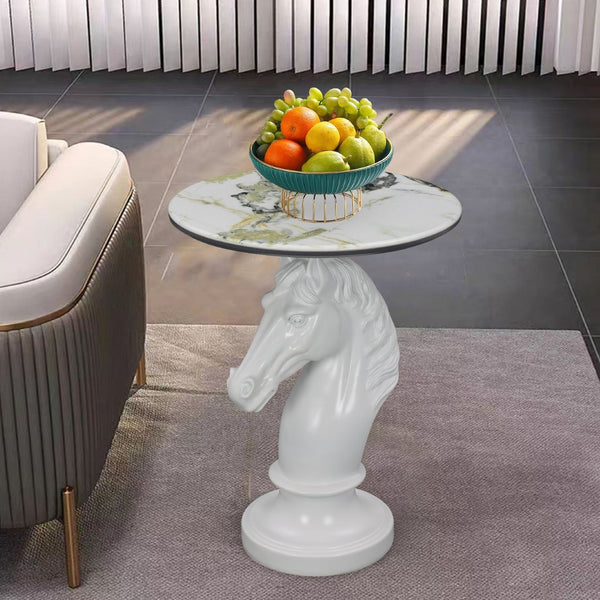 English Elm Horse Head Sculpted Resin End Table with Faux Marble Top for Bold Living Rooms White W5398P454678