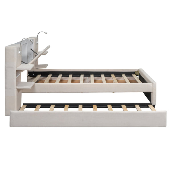 English Elm Queen Linen Upholstered Platform Bed with Storage Drawers, Trundle, Flip-Up Headboard & Lights Beige SF000187AAA