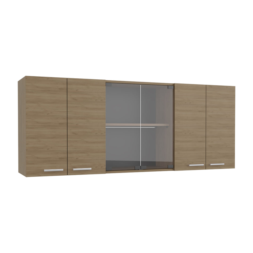 English Elm Superior Modern 150 Wall Cabinet Oak with Glass Doors, 4 Shelves, Dish Rack, Metal Handles, Locking Pin B200P286978