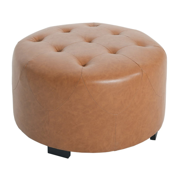 English Elm Christopher Knight Home® - Upholstered Round Button Tufted Ottoman in PU Leather with Dense Foam, Birch Legs, Versatile Seating Brown,Orange N757P291449T
