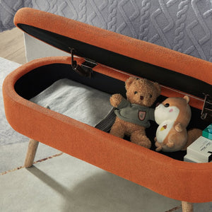 English Elm Luxury Boucle Oval Ottoman Bench with Hidden Storage Rubberwood Legs Entryway Seat Orange W2186P430720