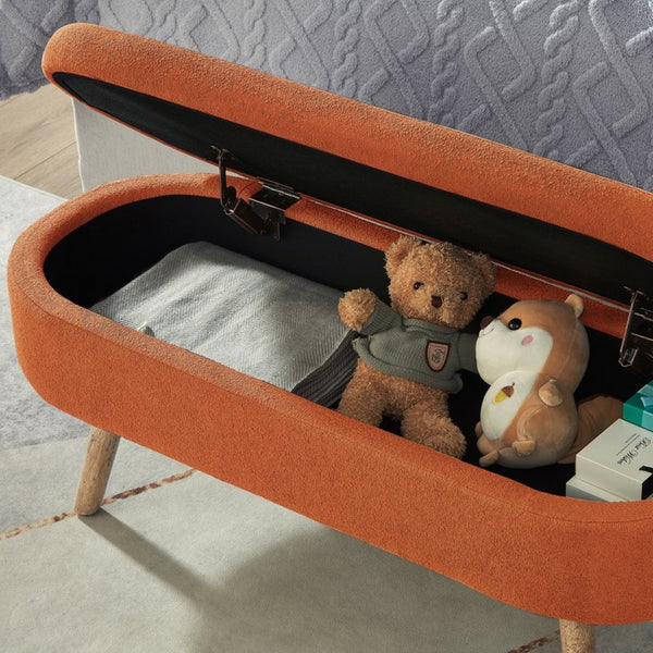 English Elm Luxury Boucle Oval Ottoman Bench with Hidden Storage Rubberwood Legs Entryway Seat Orange W2186P430720