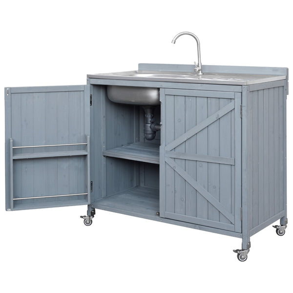 English Elm K&k Outdoor Prep Station Stainless Steel Top Fir Wood Cabinet with Drawer and Wheels N707P370281G