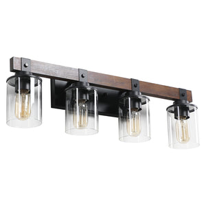English Elm 27" Rustic 4-Light Vanity Light with Clear Glass Shades and Wood Accent, Industrial Farmhouse Glow W2312P374783