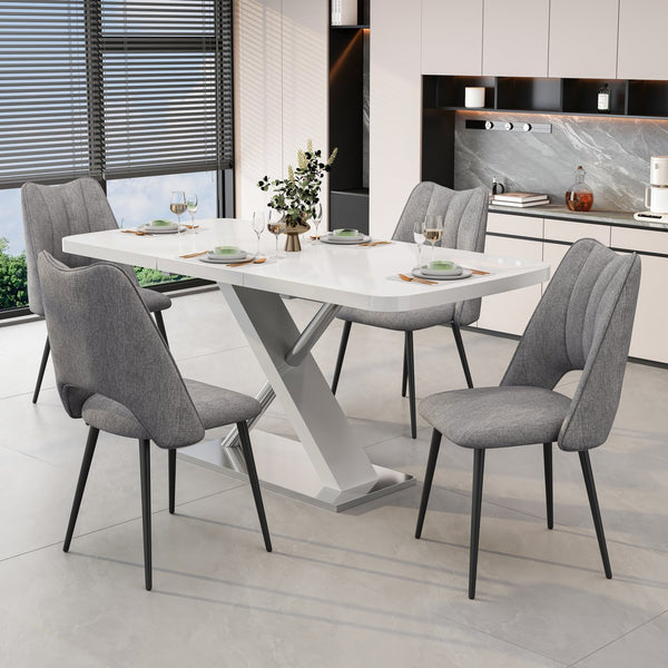 English Elm 5-Piece Modern Retractable Dining Set with Upholstered Chairs, Space-Saving Extendable Table for 4-6 Grey+White W757S00042