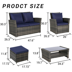 English Elm 6 Piece Outdoor Wicker Sectional with Tempered Glass Table and Weather Resistant Cushions W874P264692