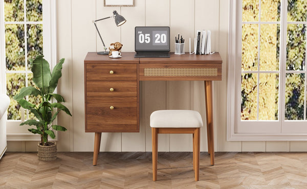 English Elm 39" Retro Bohemian Vanity Desk with Flip-Top Mirror & LED Lights, Rattan Drawers, 3-Drawer Storage, Walnut Finish N733P361800D