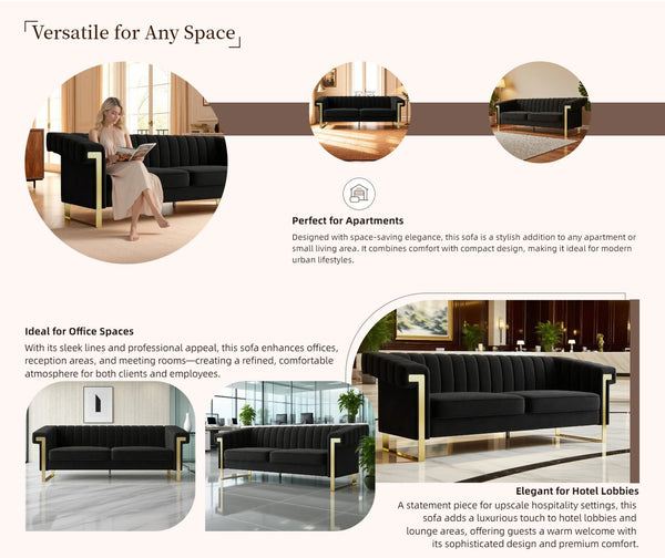 English Elm FX-P81-BK2 Modern Chesterfield Sofa Velvet Upholstery with Gold Metal Legs and Channel Tufting Elegance Black W576S00096