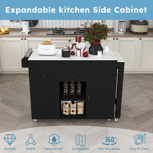 English Elm 74.8" Rolling Kitchen Island Extendable Marble Veneer Top with Power Outlet and Storage W2700S00106