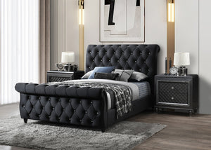 English Elm 1Pc King Panel Bed - Elegant Black Upholstered Design With Curved Headboard & Diamond Tufting B2741S00547