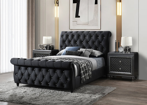 English Elm 1Pc King Panel Bed - Elegant Black Upholstered Design With Curved Headboard & Diamond Tufting B2741S00547