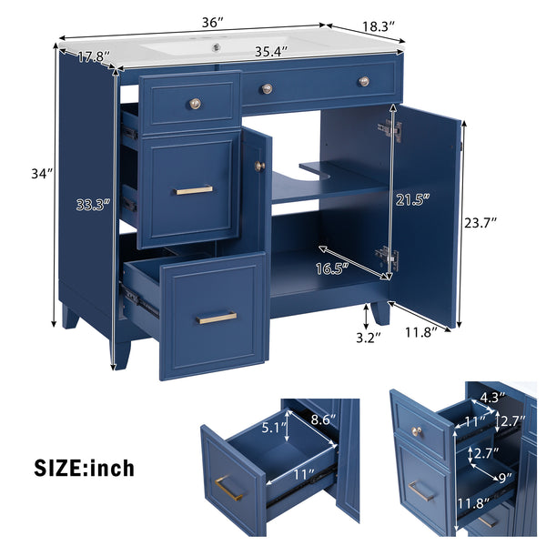 English Elm 36" Modern Bathroom Vanity with Ceramic Sink, Soft-Close Doors, Double-Layer Drawer & Storage Elegance Blue N729P289163C
