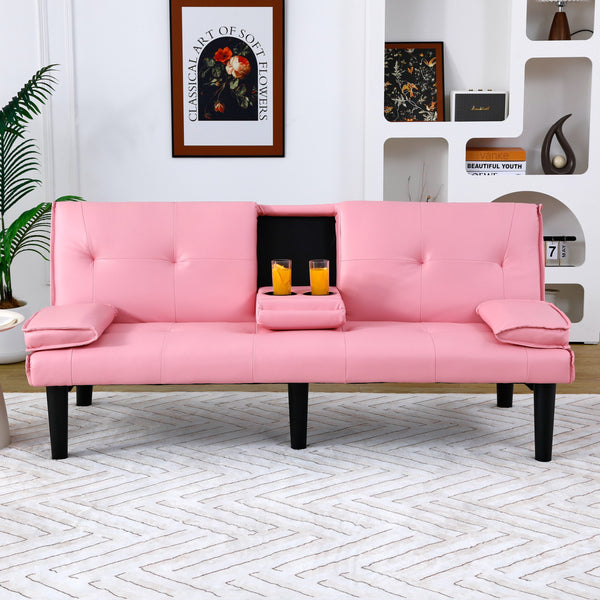 English Elm The 67-inch PVC multi-functional sofa bed with one-click fold, cup holders, sturdy wood frame for apartments Pink W3371P318142