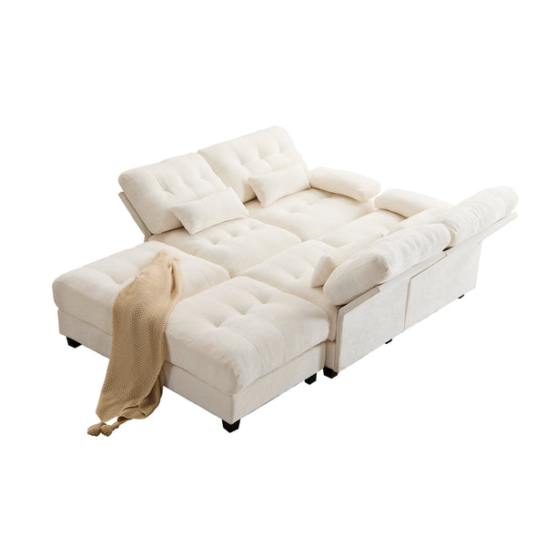 English Elm 119" 4-Seater Sofa with 2 Ottomans - Adjustable 4-Position Backs, 350lb Seats, Soft Chenille, Pillows Beige W2606S00036