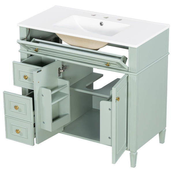 English Elm 36 Inch Freestanding Bathroom Vanity Sage Pine Cabinet Gold Hardware Ceramic Sink Green N725P366468G
