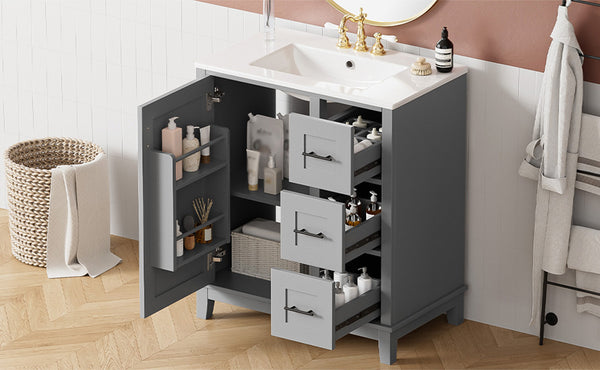 English Elm 30-inch Modern Bathroom Vanity with Ceramic Basin, Rubberwood Frame, Soft-Close Drawers & Organized Storage Grey N729P290689E