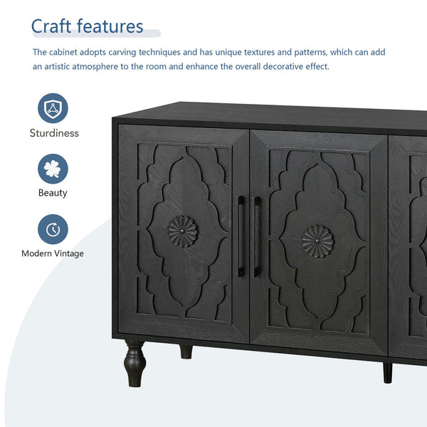 English Elm Carved Flower Door Large Storage Cabinet with Metal Handles — Elegant Carved Design for Entryway, Kitchen and Living Room Black W1445P164168