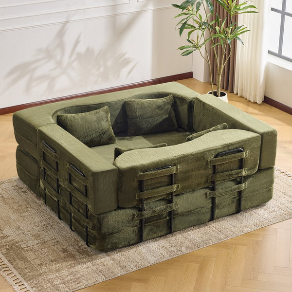 English Elm 71-inch folding sofa bed with plush fur cover, high-density foam futon sleeper, modern modular comfort Green W1829S00066