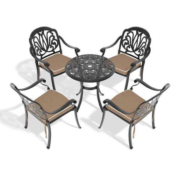 English Elm 5-Piece Cast Aluminum Patio Furniture Set With Black Frame, Brown Cushions & Umbrella Hole Design W1710S00416