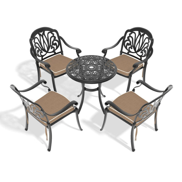 English Elm 5-piece Cast Aluminum Outdoor Dining Set Ornate Carved Frame with Cushioned Chairs W1710S00536