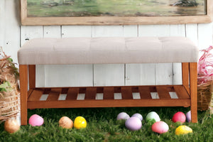 English Elm Charla Tufted Fabric Bench with Oak Tapered Legs and Open Slatted Shelf — Cozy Seating & Storage Gray 43 L x 18 W x 7 H B2726P256272