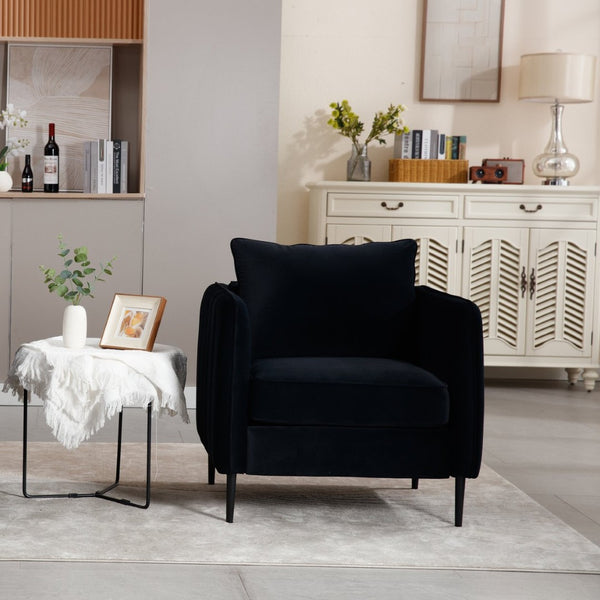 English Elm Accent Velvet Armchair Mid-century Modern Plush Seat with Metal Legs for Any Room Black W3244P325834
