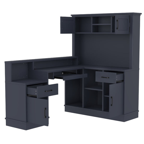 English Elm L-shaped Corner Computer Desk with Built-in Outlets Drawers and Open Shelving Storage W1580S00270