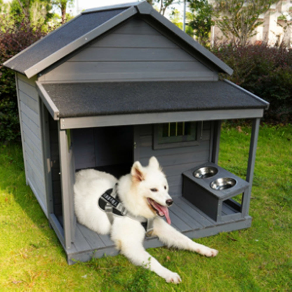 English Elm Large Breed Outdoor Doghouse Solid Fir Wood Covered Porch Weatherproof Asphalt Roof W1431S00004