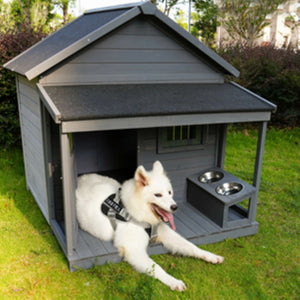English Elm Large Breed Outdoor Doghouse Solid Fir Wood Covered Porch Weatherproof Asphalt Roof W1431S00004