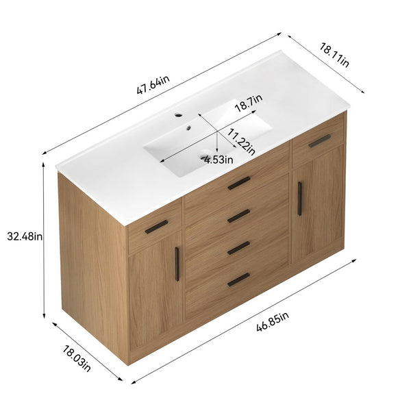English Elm 48"dark Brown Vanity with 6 Drawers and Soft Close Doors for a Spa Bathroom Light Oak W3133S00026