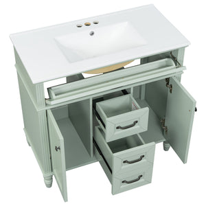 English Elm 36 Inch Bathroom Vanity with Ceramic Sink, Durable MDF & Solid Wood Frame, Soft-Close Doors, Luxe Handles, Ample Organized Storage, Modern Freestanding Design Green N725P314034F