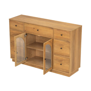 English Elm Christopher Knight Home® - Cabinet roomy storage console with 2 doors, 7 drawers, glass accents and manufactured wood build, large Natural N780P330601N