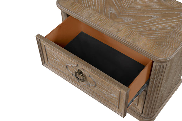 English Elm Simple Rustic Oak Nightstand with USB-A & USB-C, Solid Wood Veneer, Felt-Lined Drawer, 29"W x29.5"H B2741P357497